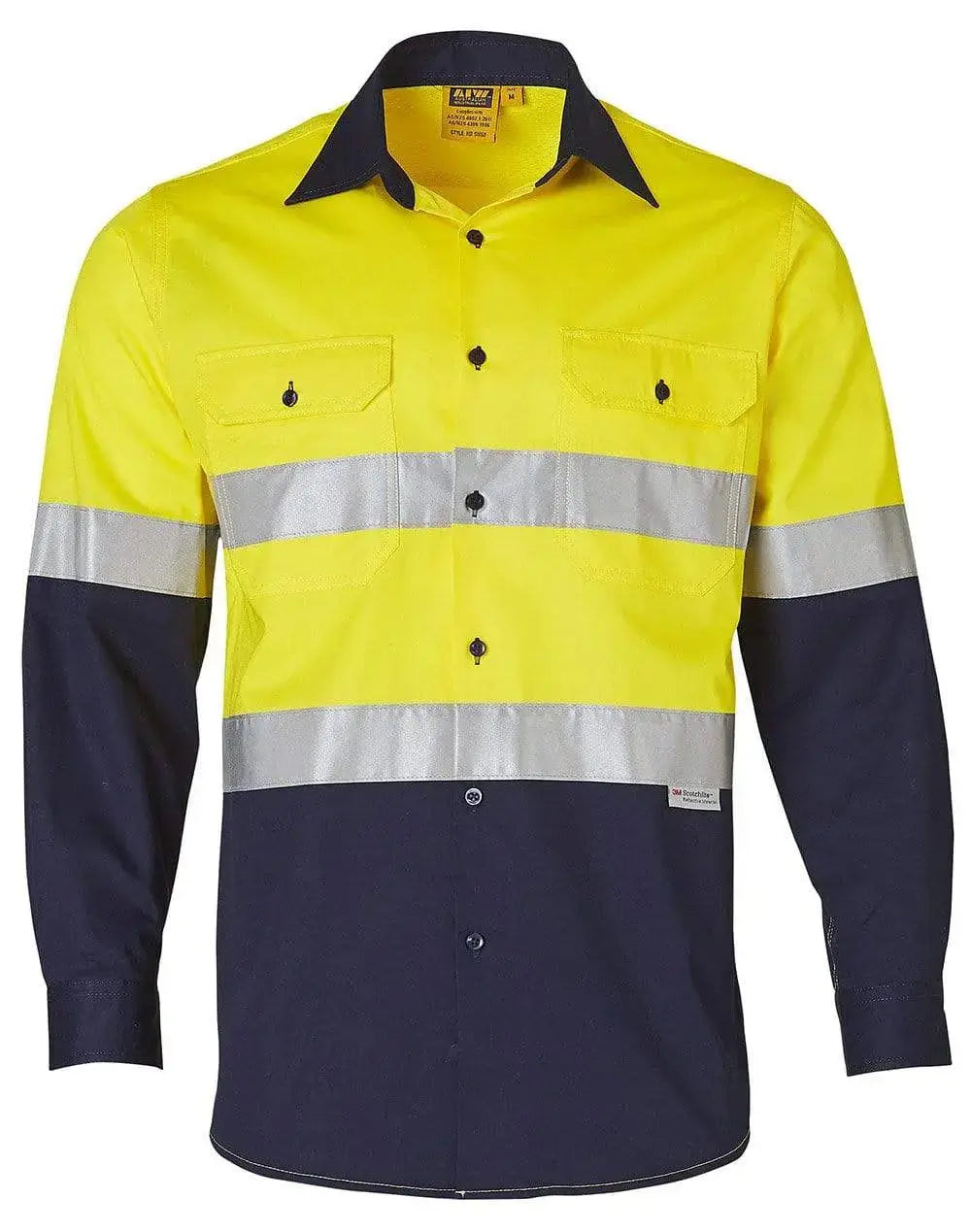 Long Sleeve Safety Shirt SW60 Work Wear Australian Industrial Wear Fluoro Yellow/Navy S